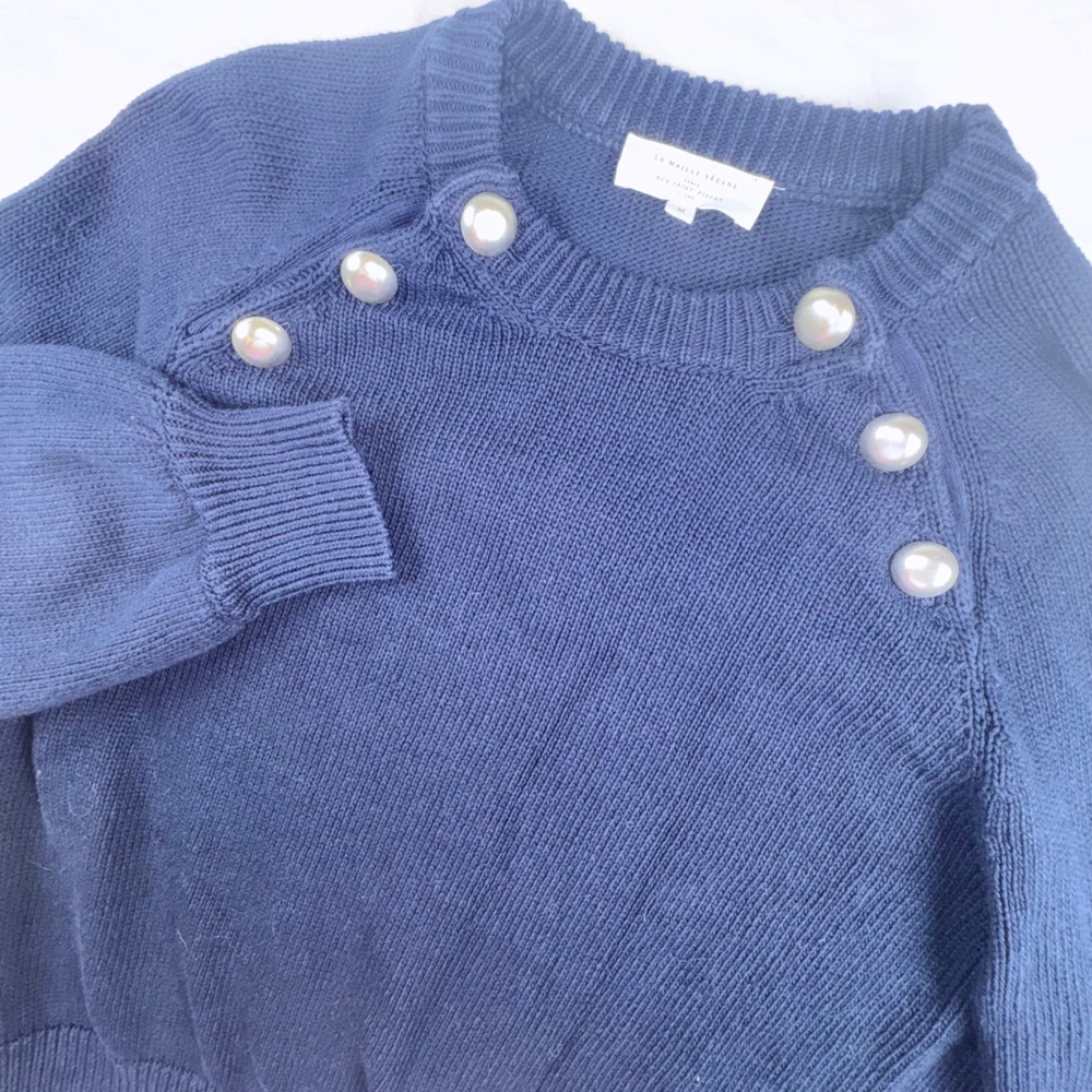 Sezane Leontine Sweater Womens M Navy Blue Silver Button Organic Cotton Italy